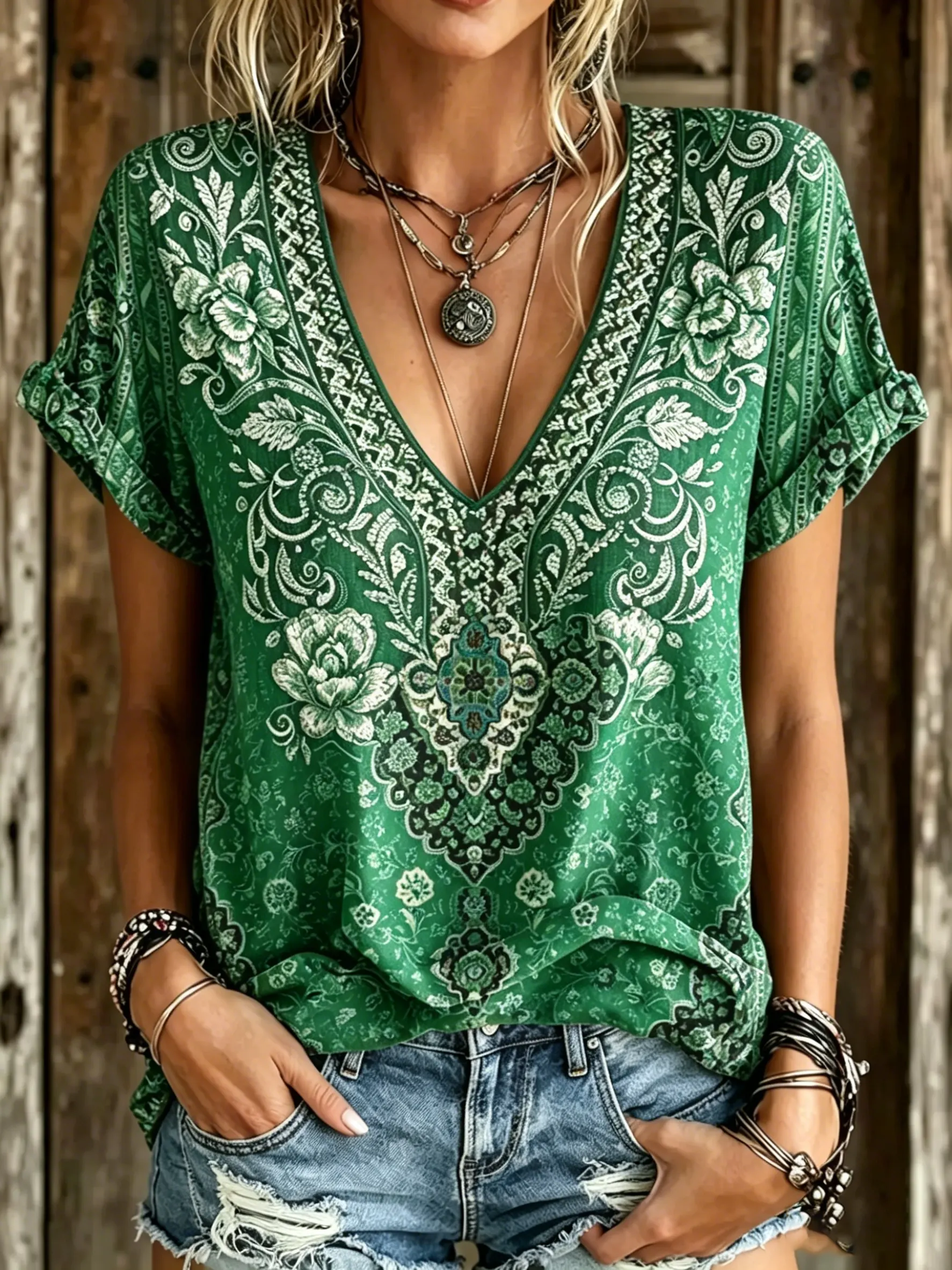 Women's Boho Paisley & Rose Print V-Neck Blouse