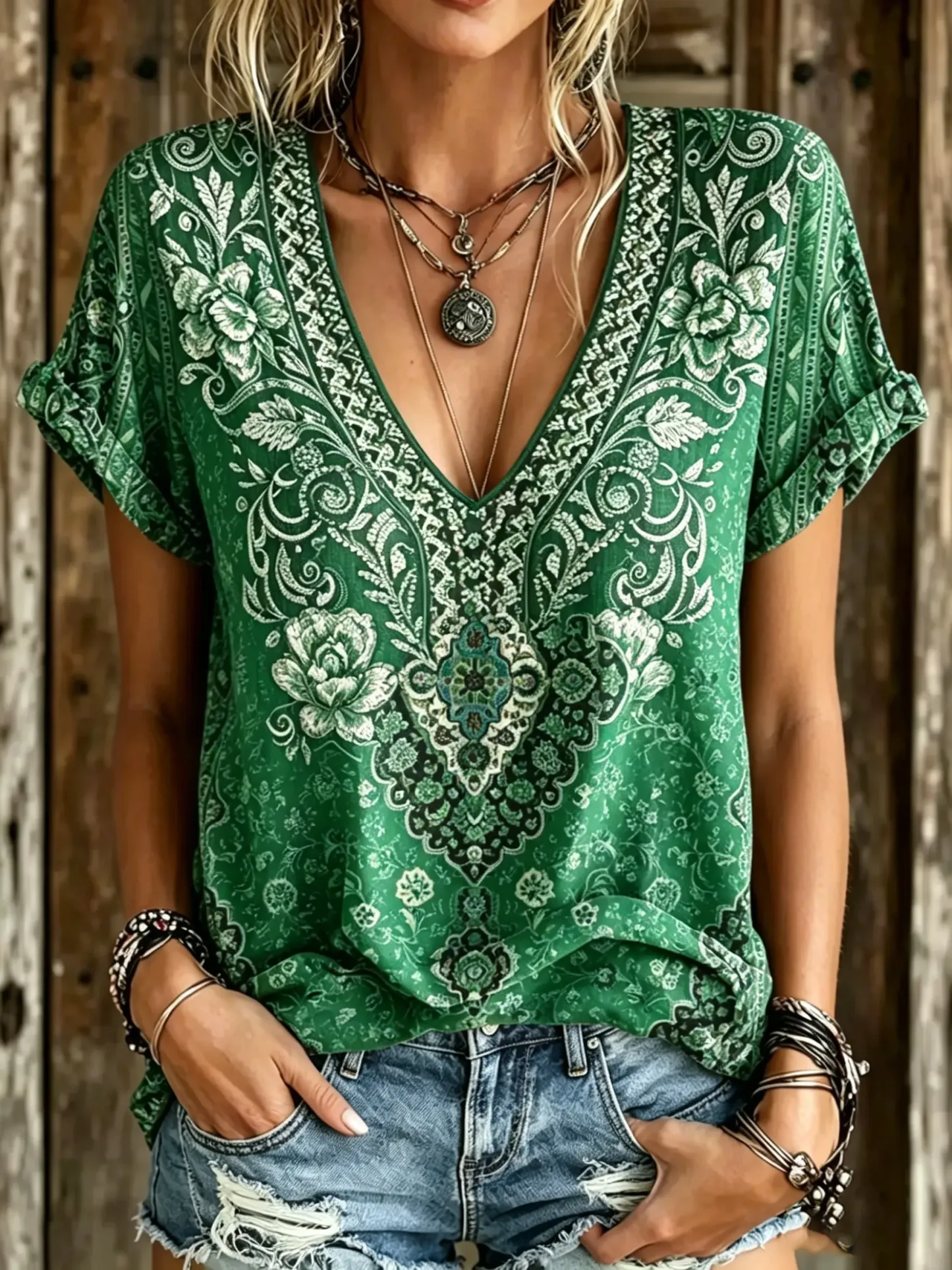 Women's Boho Paisley & Rose Print V-Neck Blouse