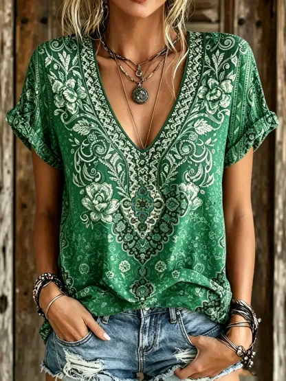 Women's Boho Paisley & Rose Print V-Neck Blouse