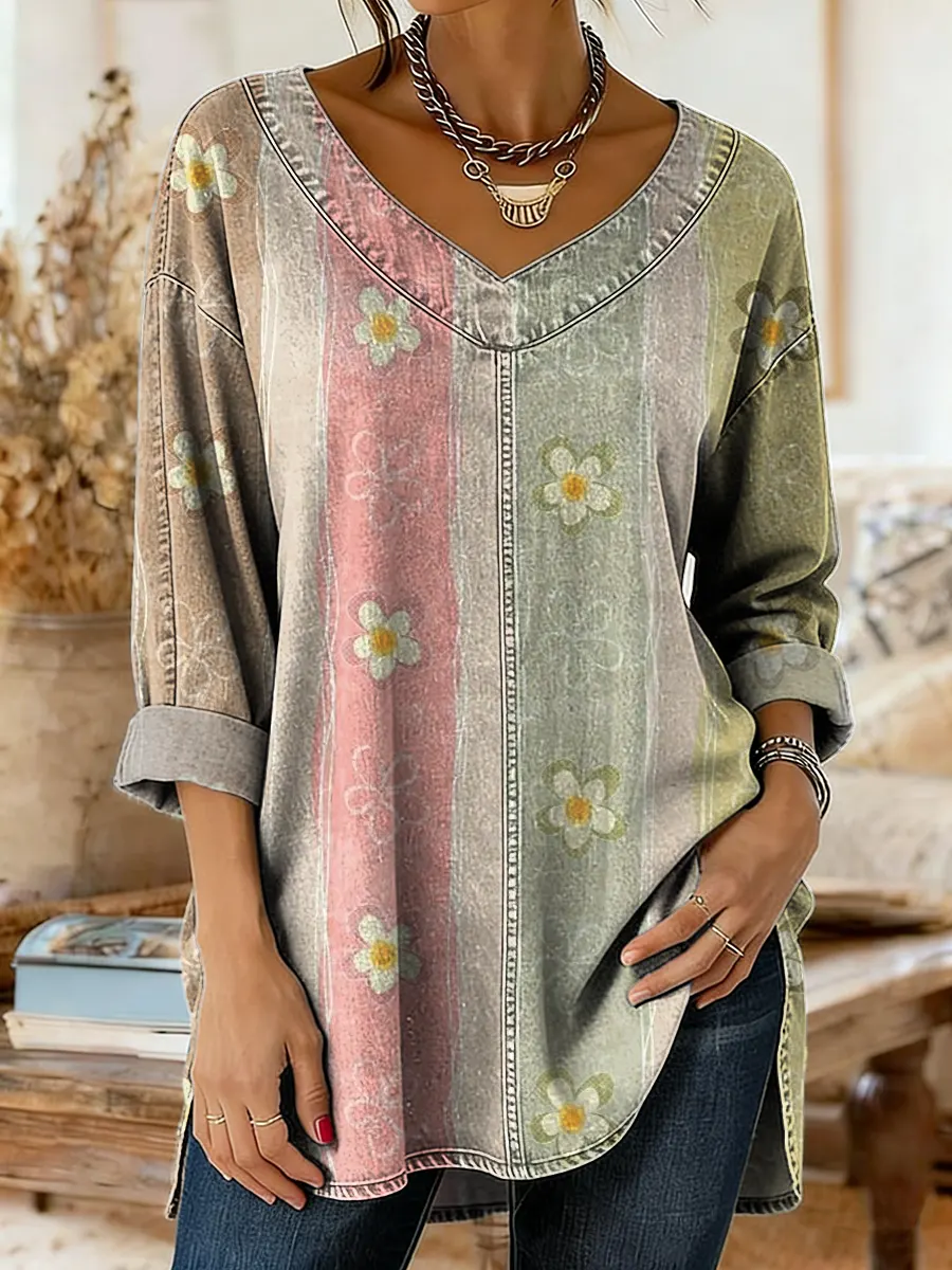 Women's Colorful Floral Art Print Casual Washed Denim Cotton Top