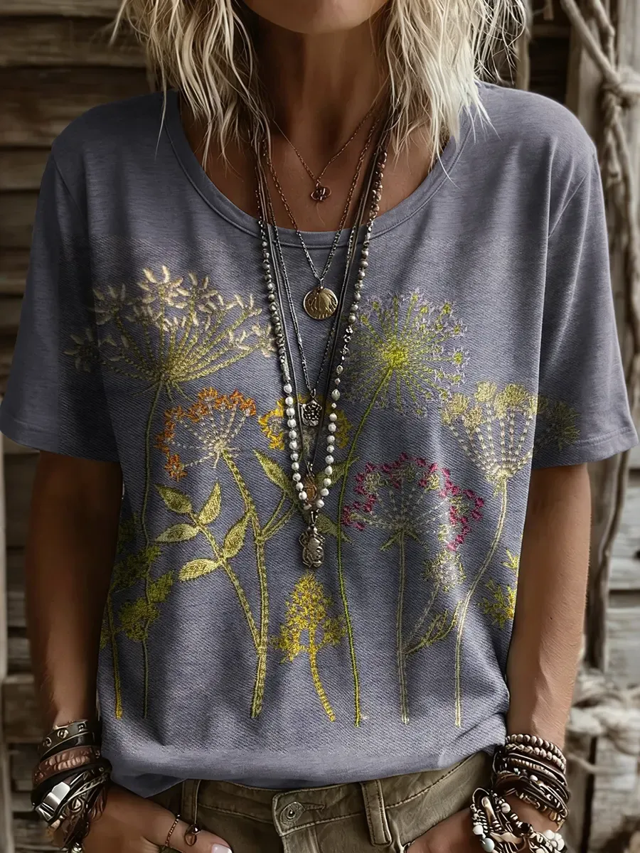 Ethnicity Flowers Women And Men's Vintage Art Print Casual T-shirt