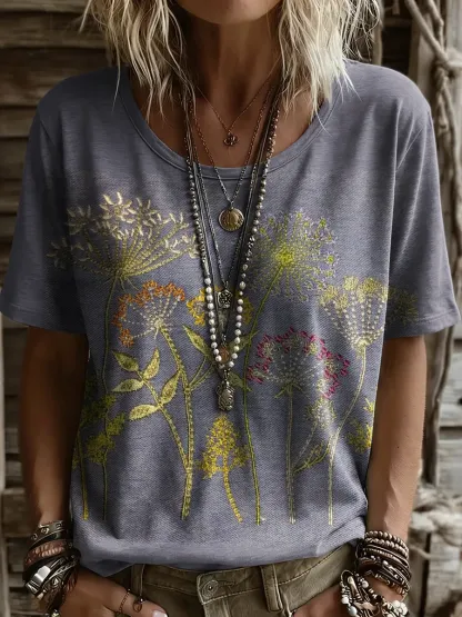 Ethnicity Flowers Women And Men's Vintage Art Print Casual T-shirt