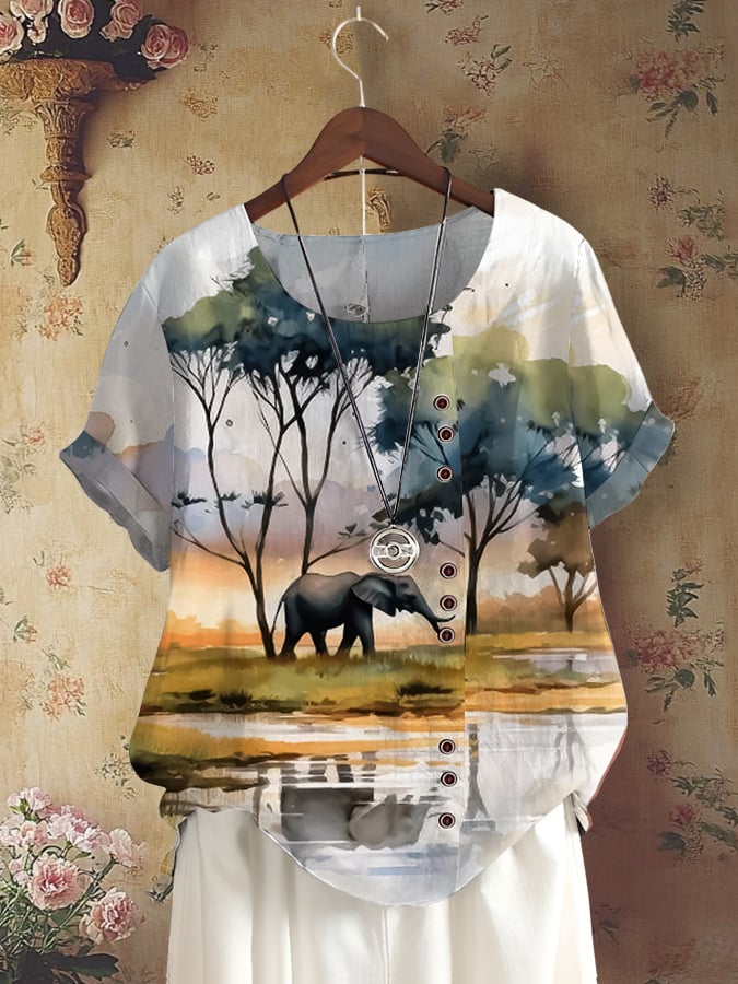 Women's Retro Protect Forest Animals Print Casual Shirt