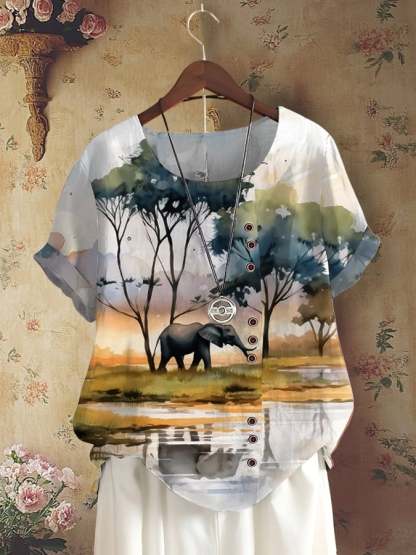 Women's Retro Protect Forest Animals Print Casual Shirt