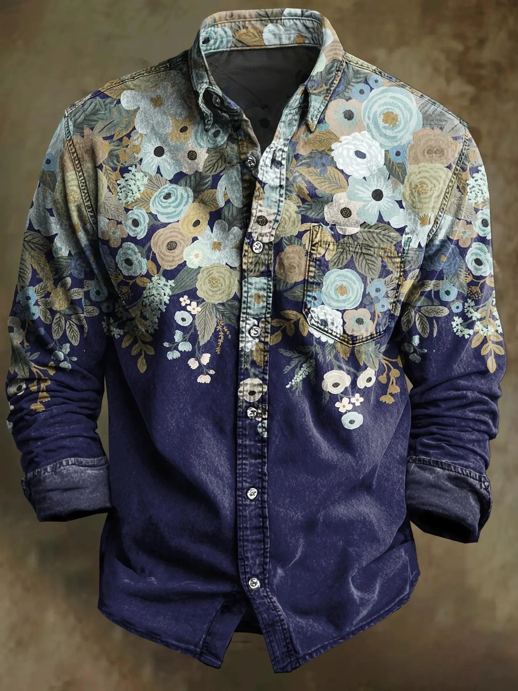 Vintage Abstract Multicolor Floral Art Print Cotton Long Sleeve Shirt