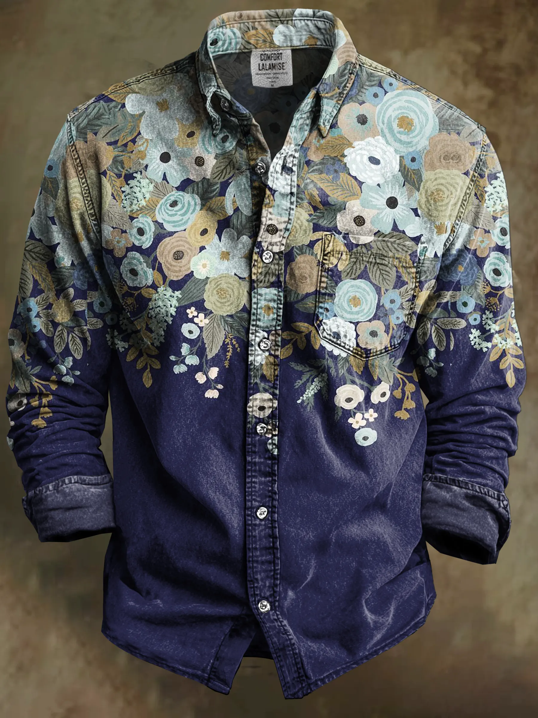 Vintage Abstract Multicolor Floral Art Print 100% Cotton Long Sleeve Shirt