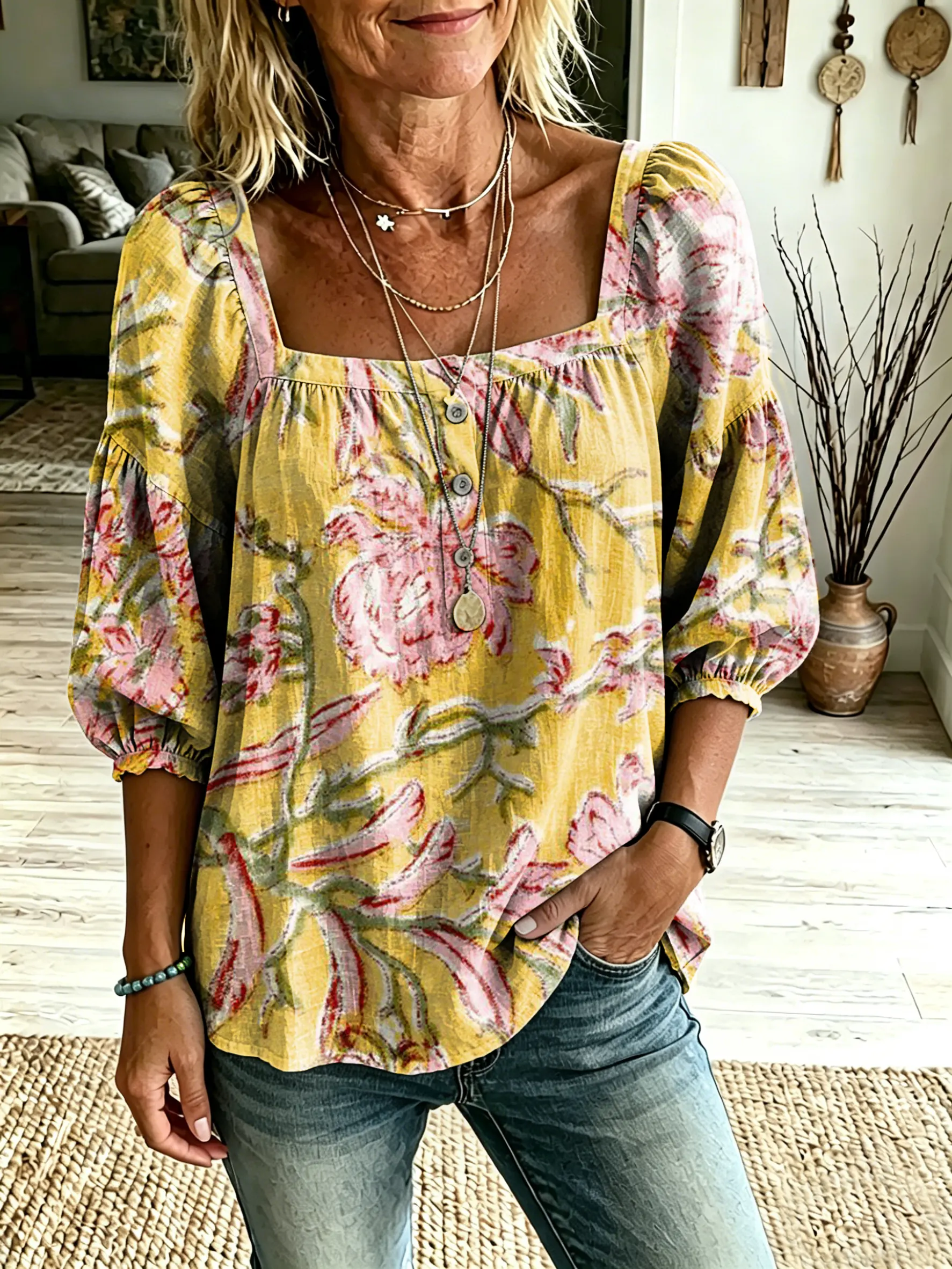 Women's Floral Pattern Art Print Casual Square-Neck Top