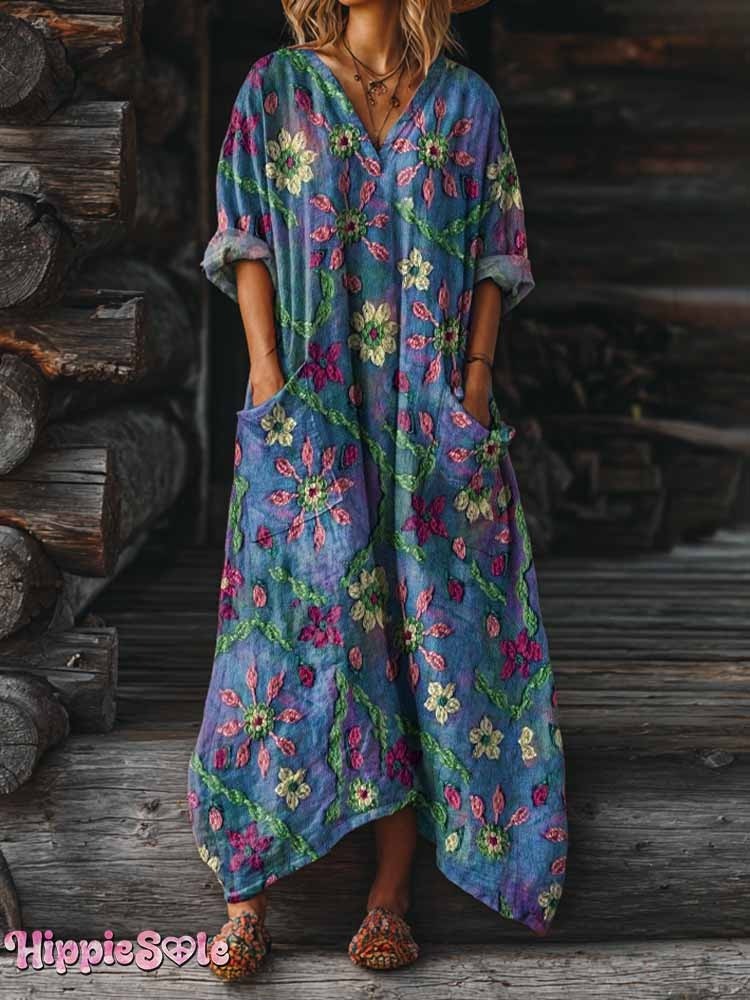 Womens Bohemian Ethnic Floral Art Print Casual Cotton Linen Shirt