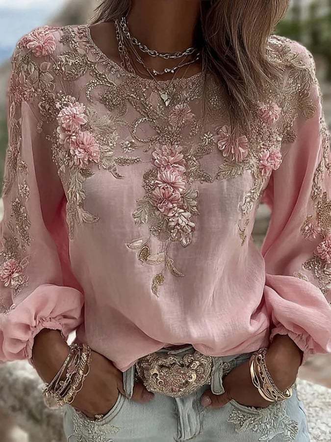 Women's Vintage Pink Rose Embroidery Art Round Neck Long Sleeve Linen 