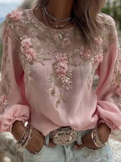 Women's Vintage Pink Rose Embroidery Art Round Neck Long Sleeve Linen Blend Shirt