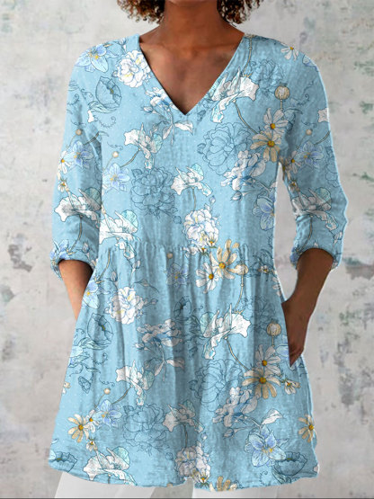 Women's  Vintage Pastoral  Flowers Art  Print Casual Linen V-neck Shirt