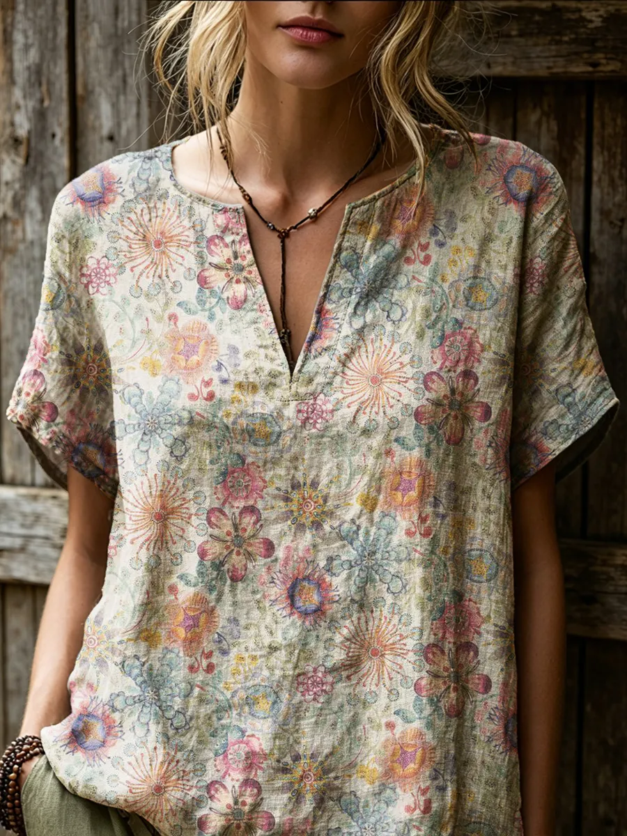 Women's Retro Ethnic Floral Art Print Casual Short-sleeve V-neck Cotton Linen Shirt