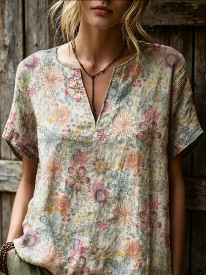 Women's Retro Ethnic Floral Art Print Casual Short-sleeve V-neck Cotton Linen Shirt