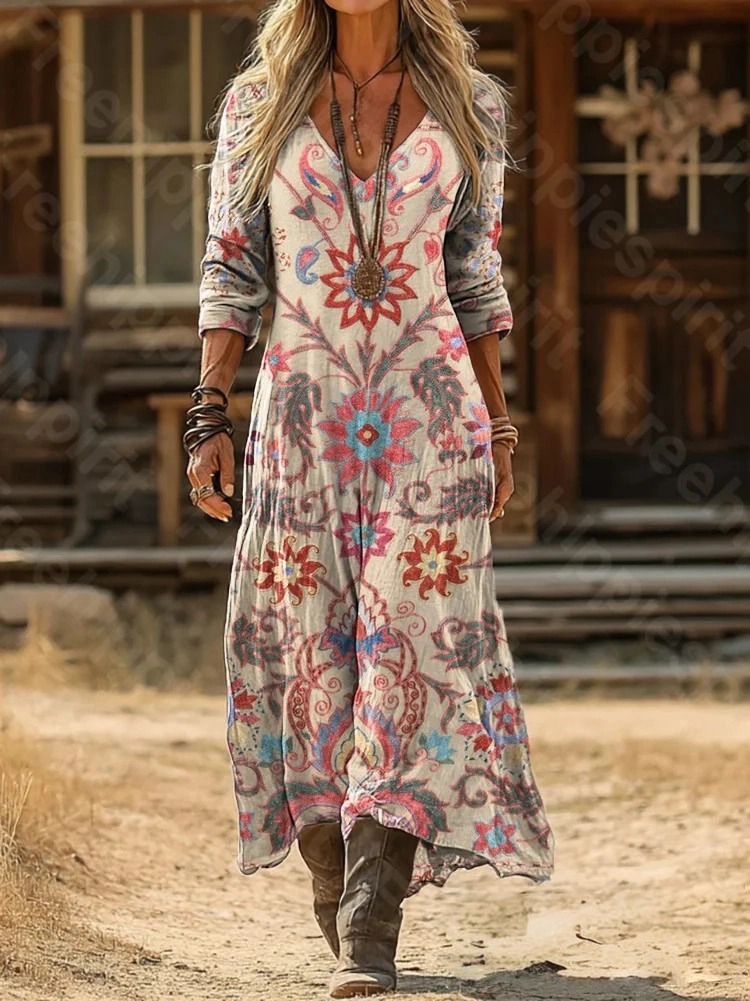 Women's Retro Colorful Floral Art Print Pocket Cotton Dress