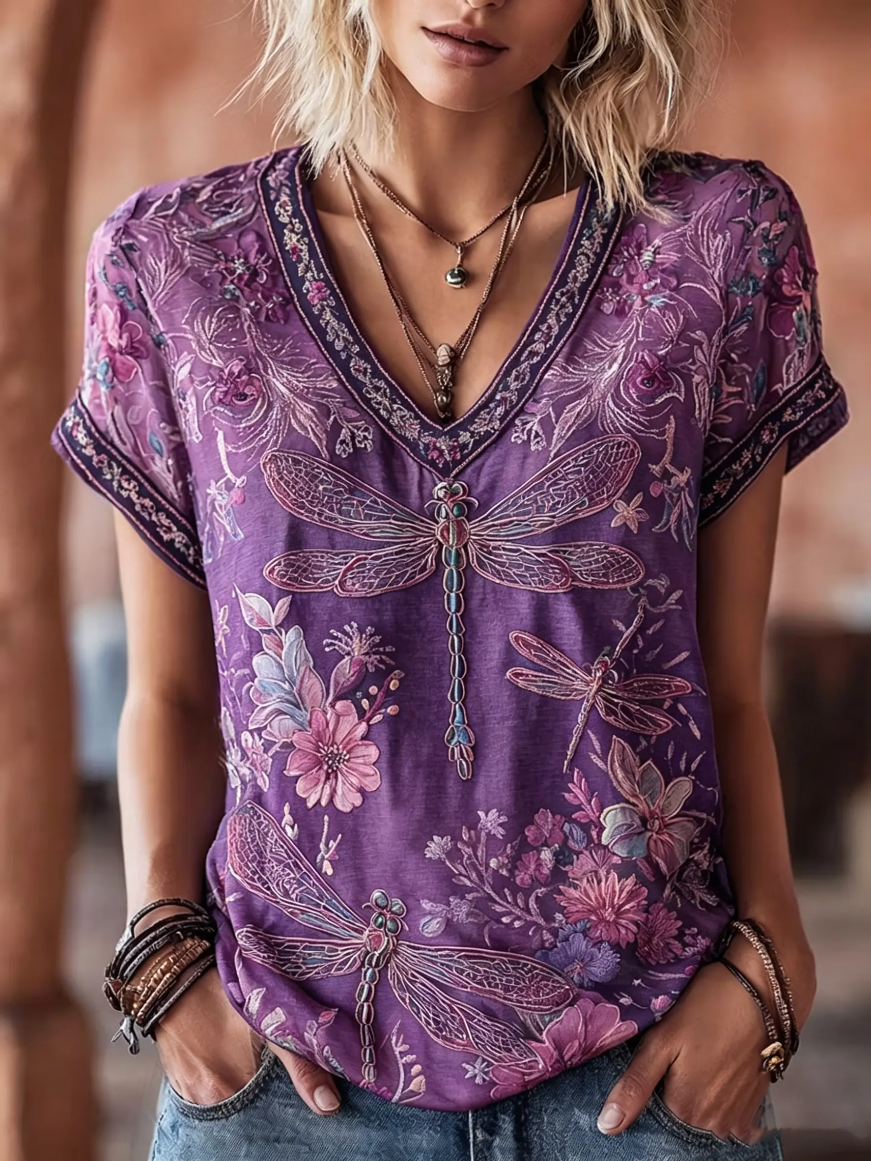 Women's Vintage Dragonfly Floral Print Cotton V-Neck Tee