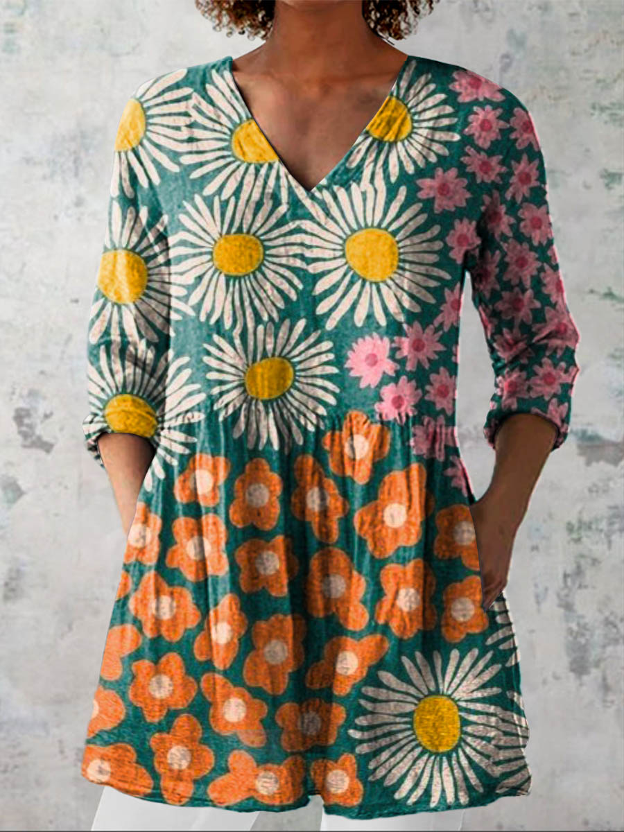 Women's Vintage Lovely Floral Art Print Casual Linen V-neck Shirt