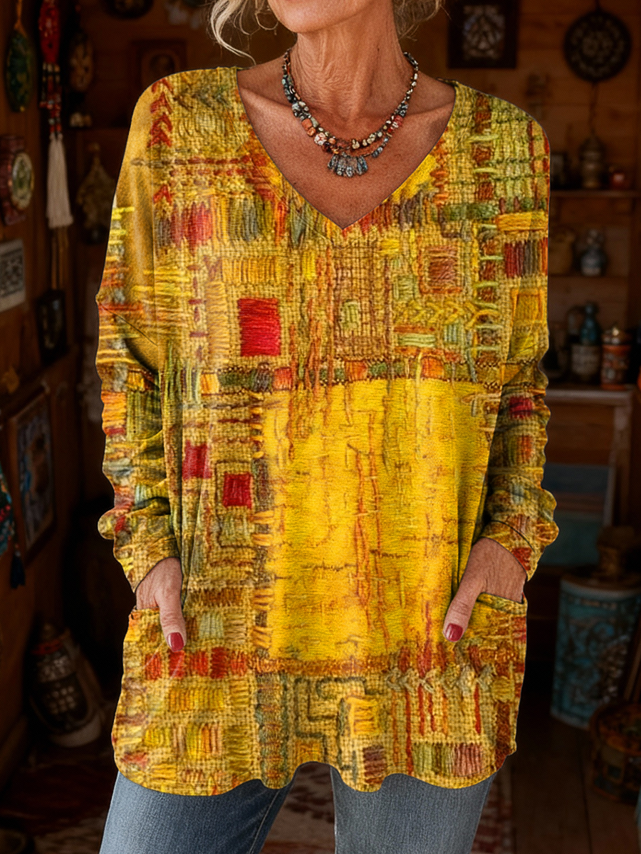 Women's Retro Colorful Art Print Casual Long Sleeve V-Neck T-Shirt