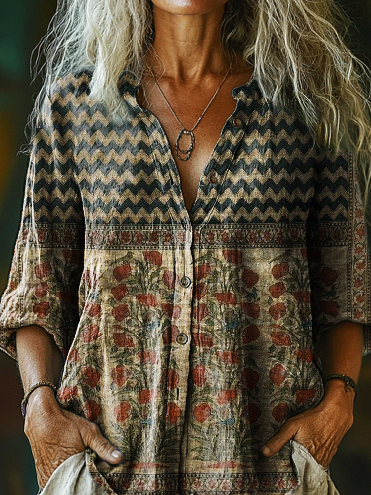 Women's Vintage Bohemian Floral Art Print Casual Cotton Linen Shirt