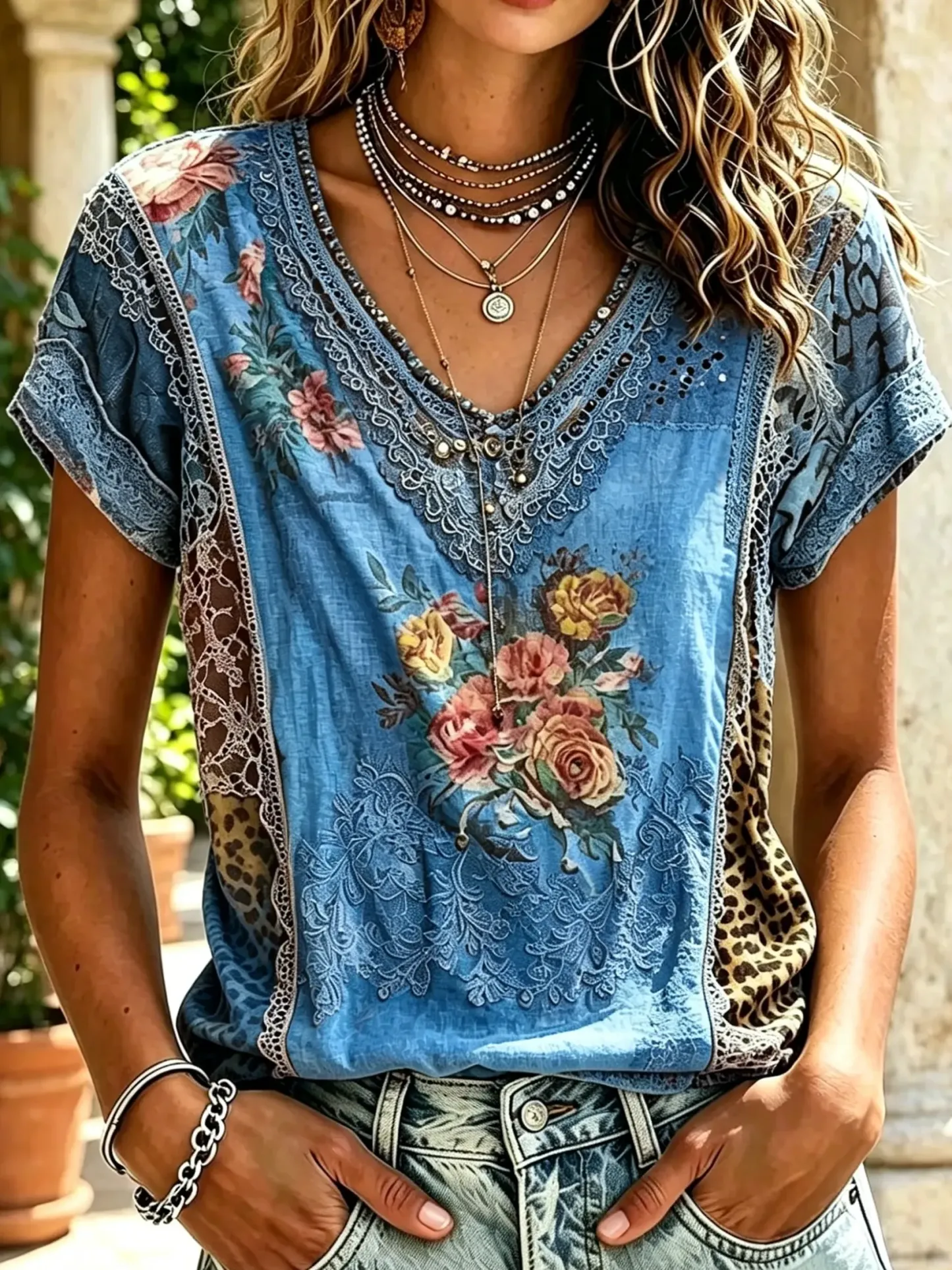 Women's Vintage Rose & Leopard Print Cotton Short Sleeve Shirt