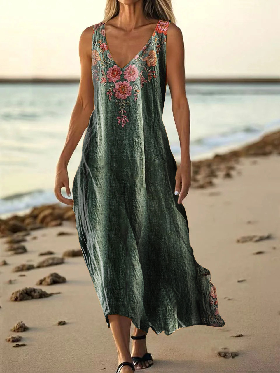 Women's Vintage Floral Pattern Art Print Casual Cotton Linen Shirt