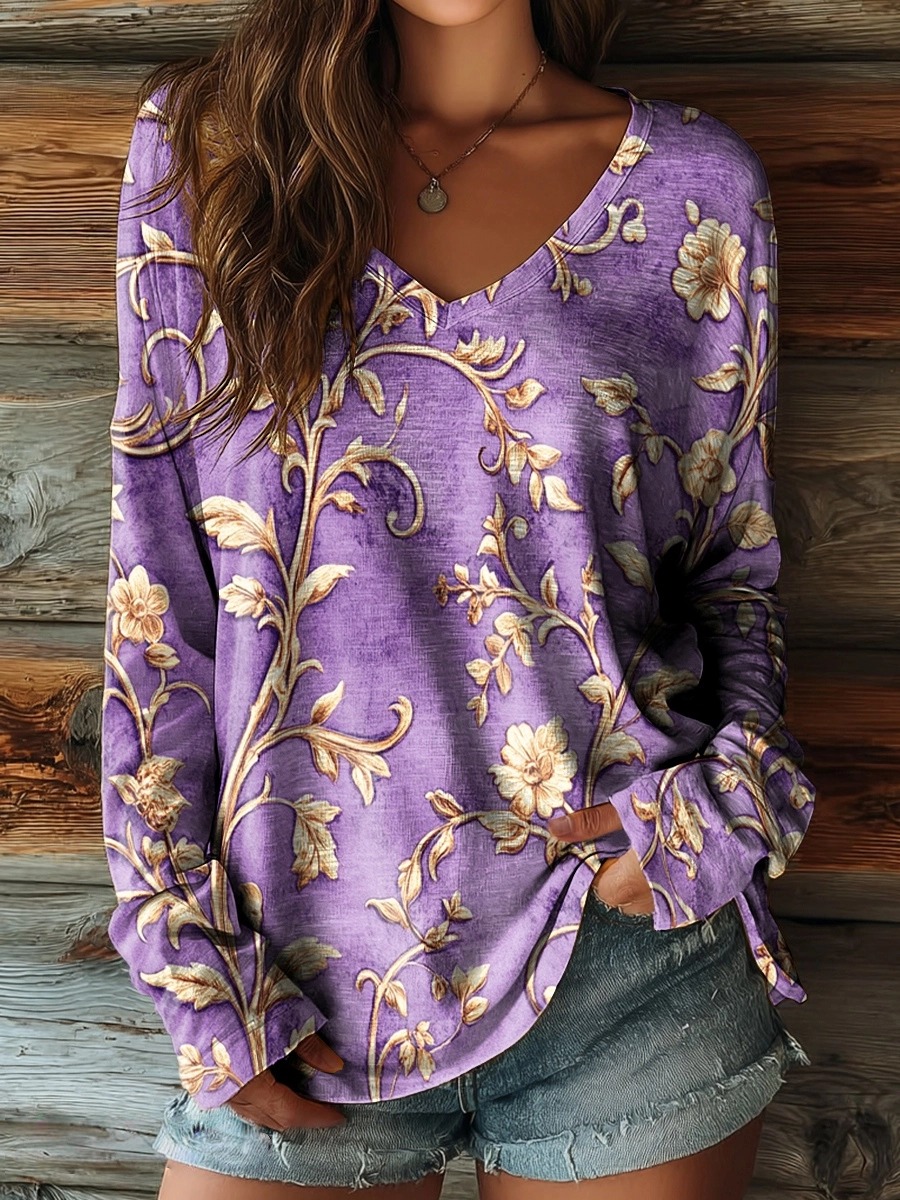 Women's Folk Floral Art Patterns Print Casual V-neck Long Sleeve T-shirt
