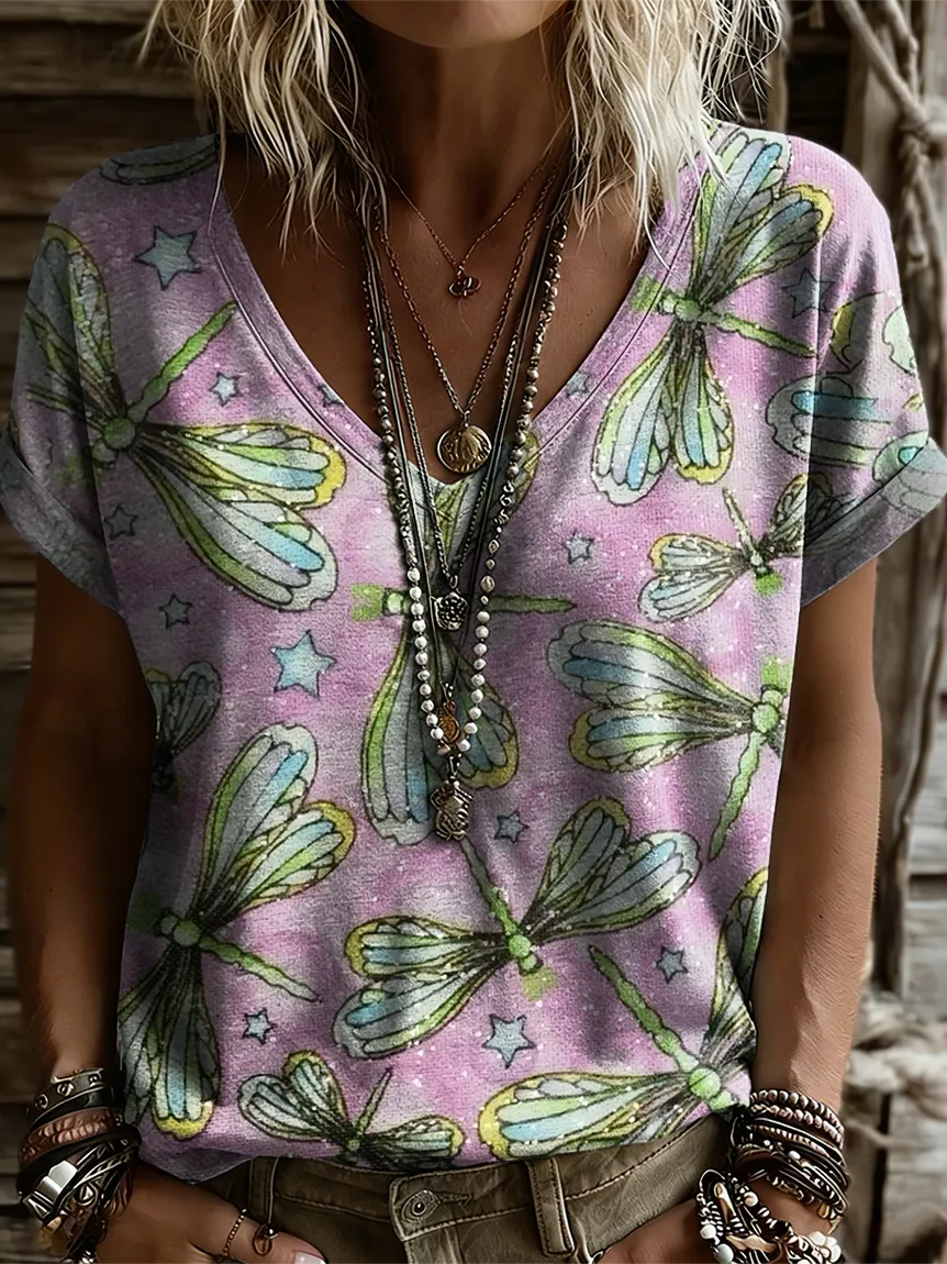 Women's Retro Dragonfly Art Print Casual Short-sleeve V-neck T-shirt