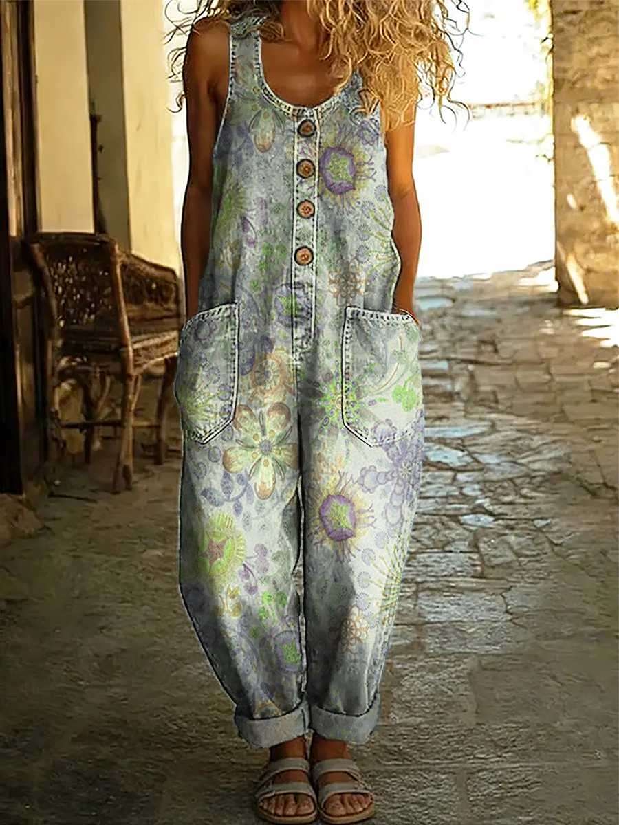 Women's Vintage Floral Art Print Sleeveless Washed Cotton Denim Jumpsuit