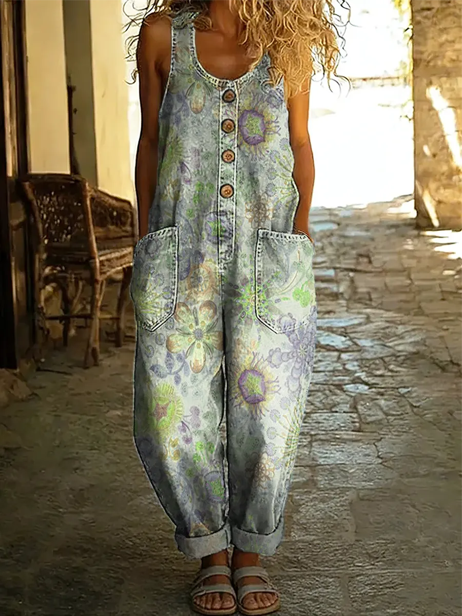 Women's Vintage Floral Art Print Sleeveless Washed Cotton Denim Jumpsuit