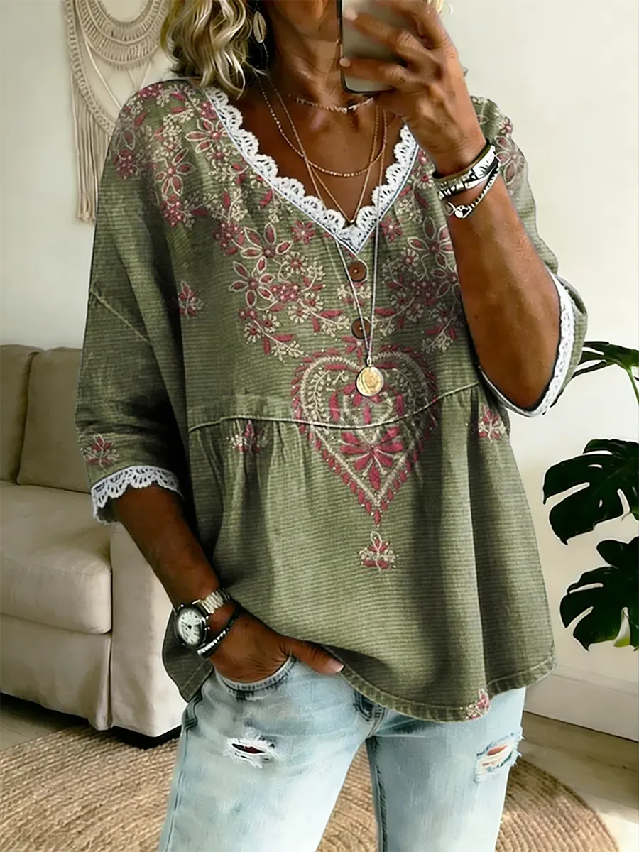 Ethnicity Geometry Flowers Women's Vintage Art Print Casual V Neck Cotton Denim Top With Lace Trim