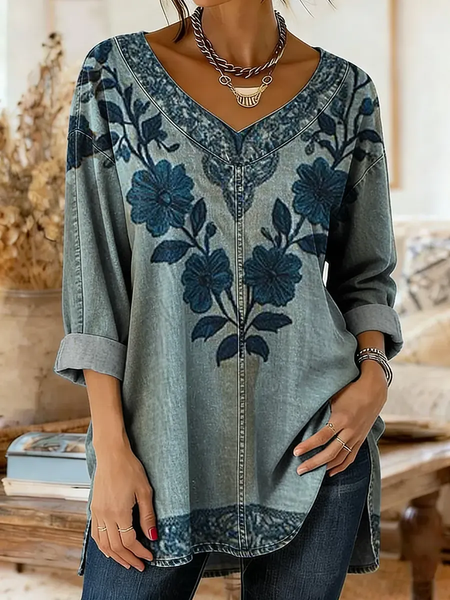Retro Ethnic Floral Pattern Art Print Casual Washed Denim Cotton Top