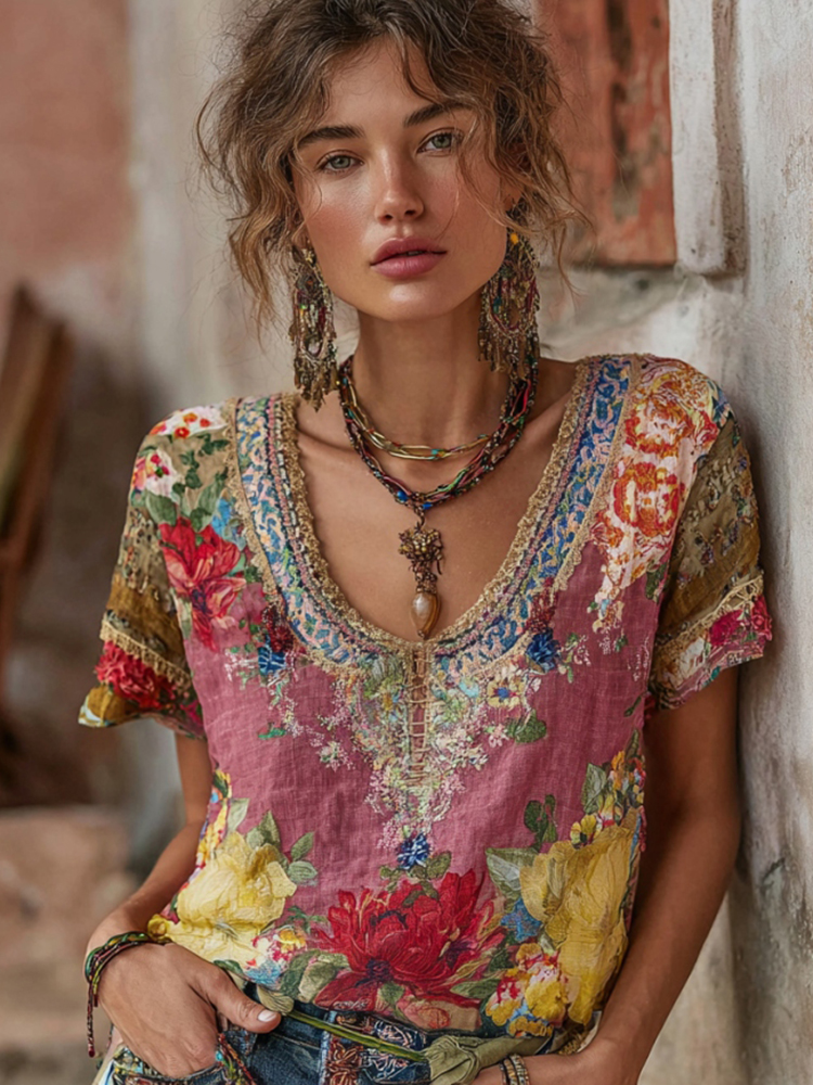 Women's Vintage Bohemian Floral Embroidery Patchwork Art Round Neck Short Sleeve Linen Blend T-shirt
