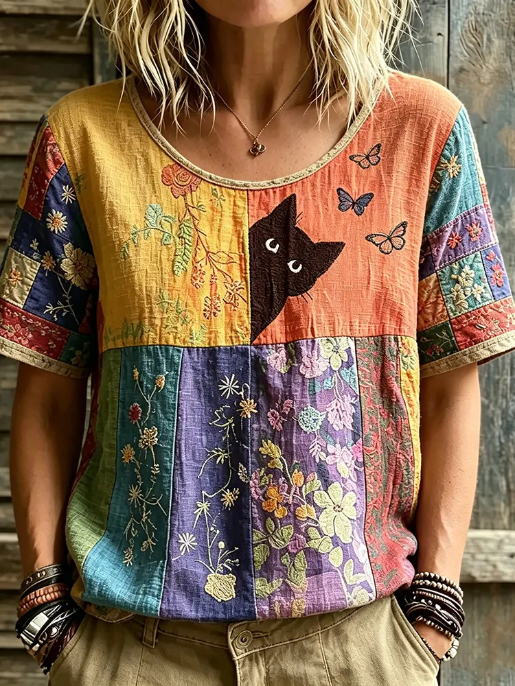 Women's Hippie Black Cat Art Embroidered Linen Blend Round Neck Tshirt