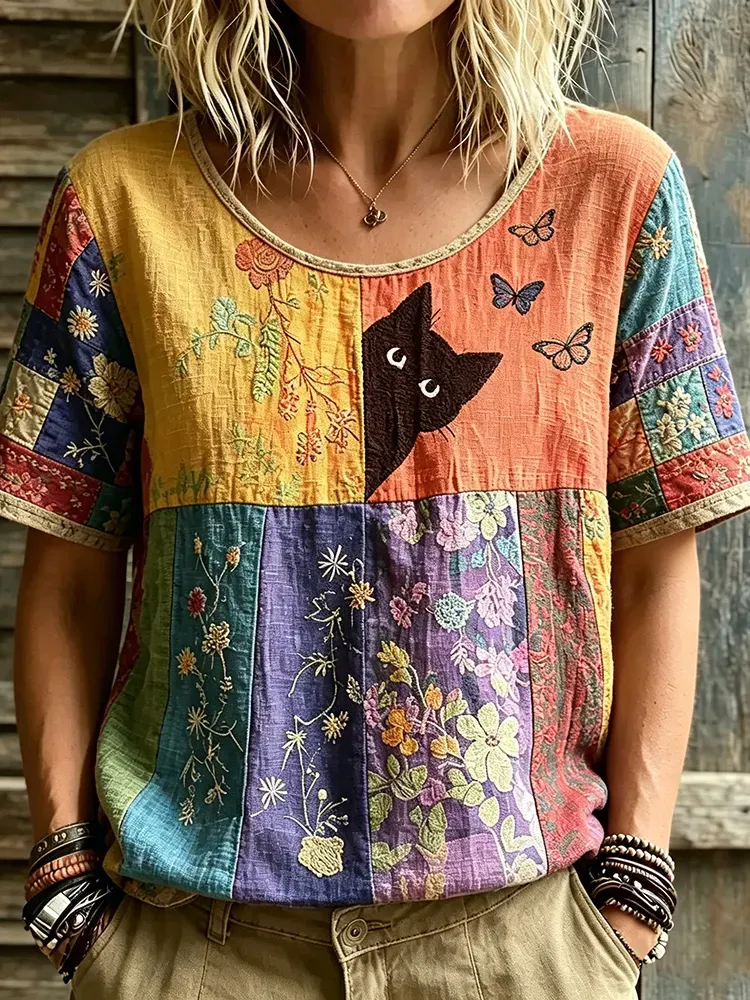 Women's Hippie Black Cat Art Embroidered Linen Blend Round Neck Tshirt