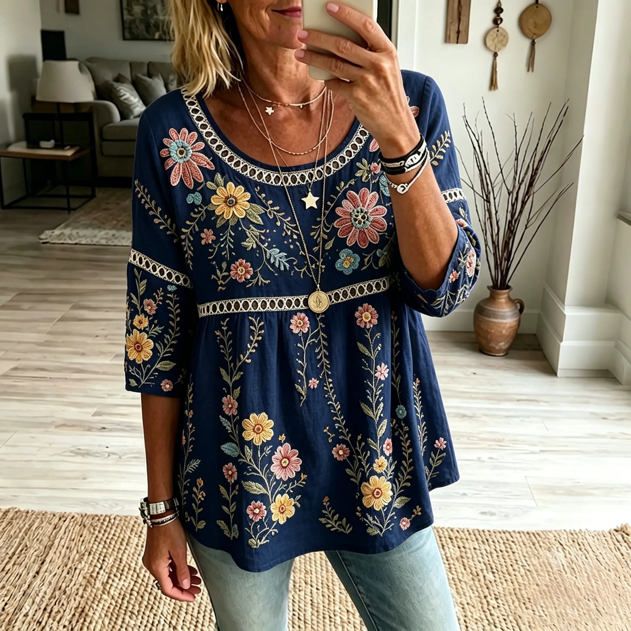 Women's Vintage Floral Art Print Flowy Linen Blend Linen Blend Three-quarter Sleeve Casual Tops