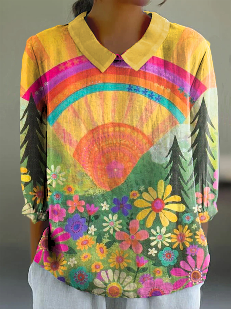 Women's Flower Field Valley and Sunrise Painting Art Print Casual Cotton And Linen 3/4 Sleeve Shirt