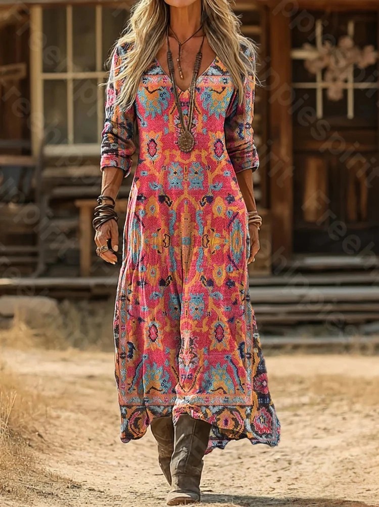 Women's Retro Colorful Floral Art Print Pocket Cotton Dress