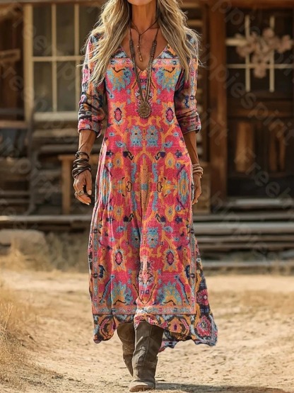 Women's Retro Colorful Floral Art Print Pocket Cotton Dress