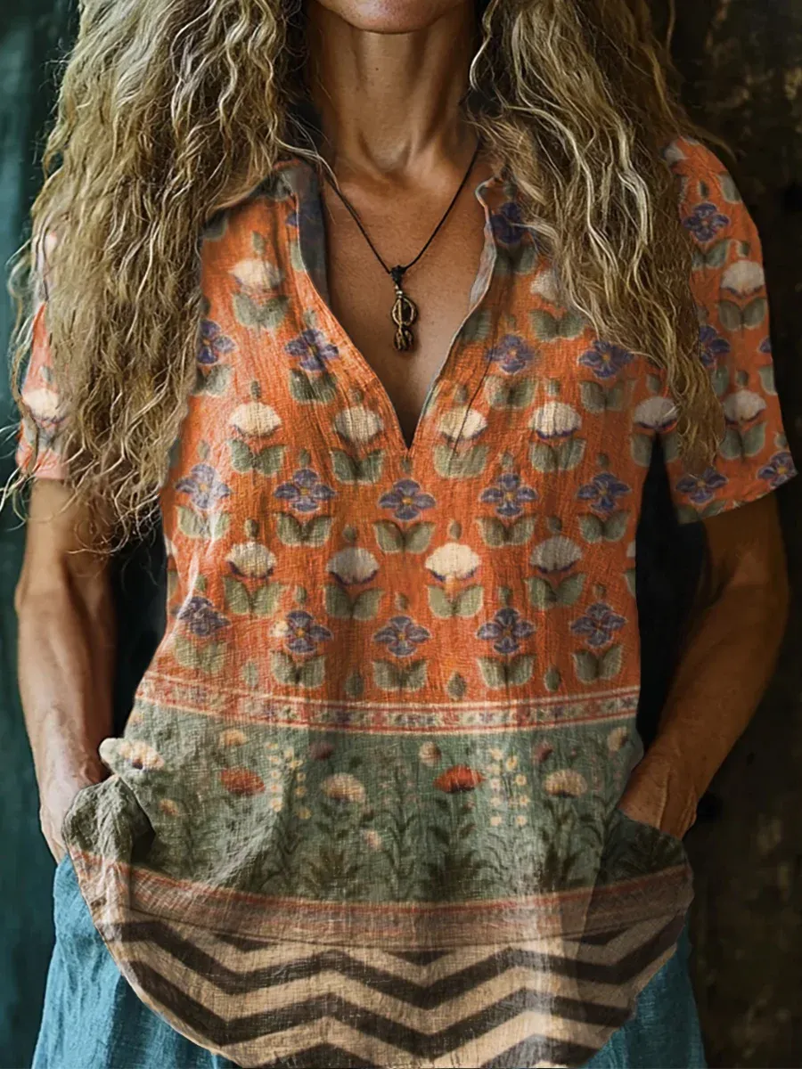 Women's Vintage Floral Collage Art Pattern Print Casual Cotton And Linen Shirt