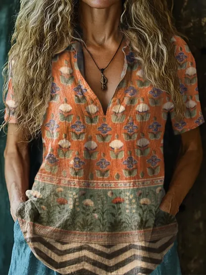 Women's Vintage Floral Collage Art Pattern Print Casual Cotton And Linen Shirt