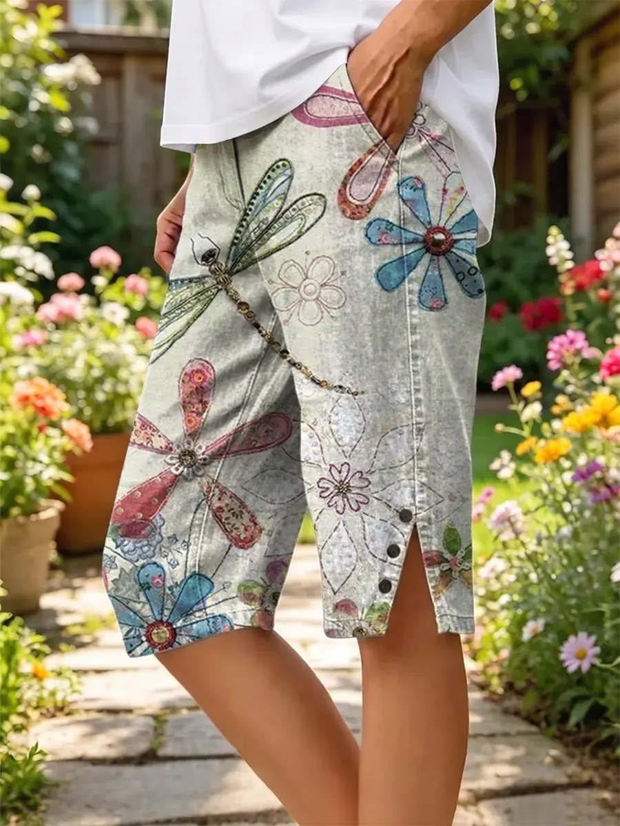 Ethnicity Flowers Geometry Dragonfly Women's Art Print Casual Cotton Denim Pants