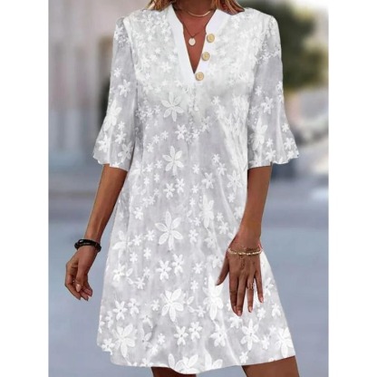 Women's Summer Embroidered Mid Sleeve V-Neck Button Dress