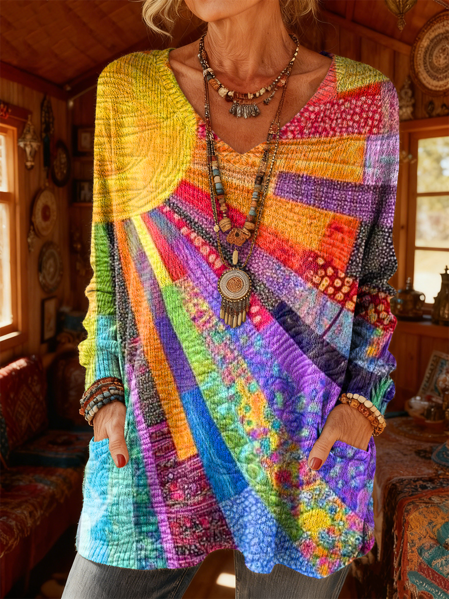 Women's Sun Pattern Art Print Casual Long-Sleeve V-Neck Cotton Knit Sweater