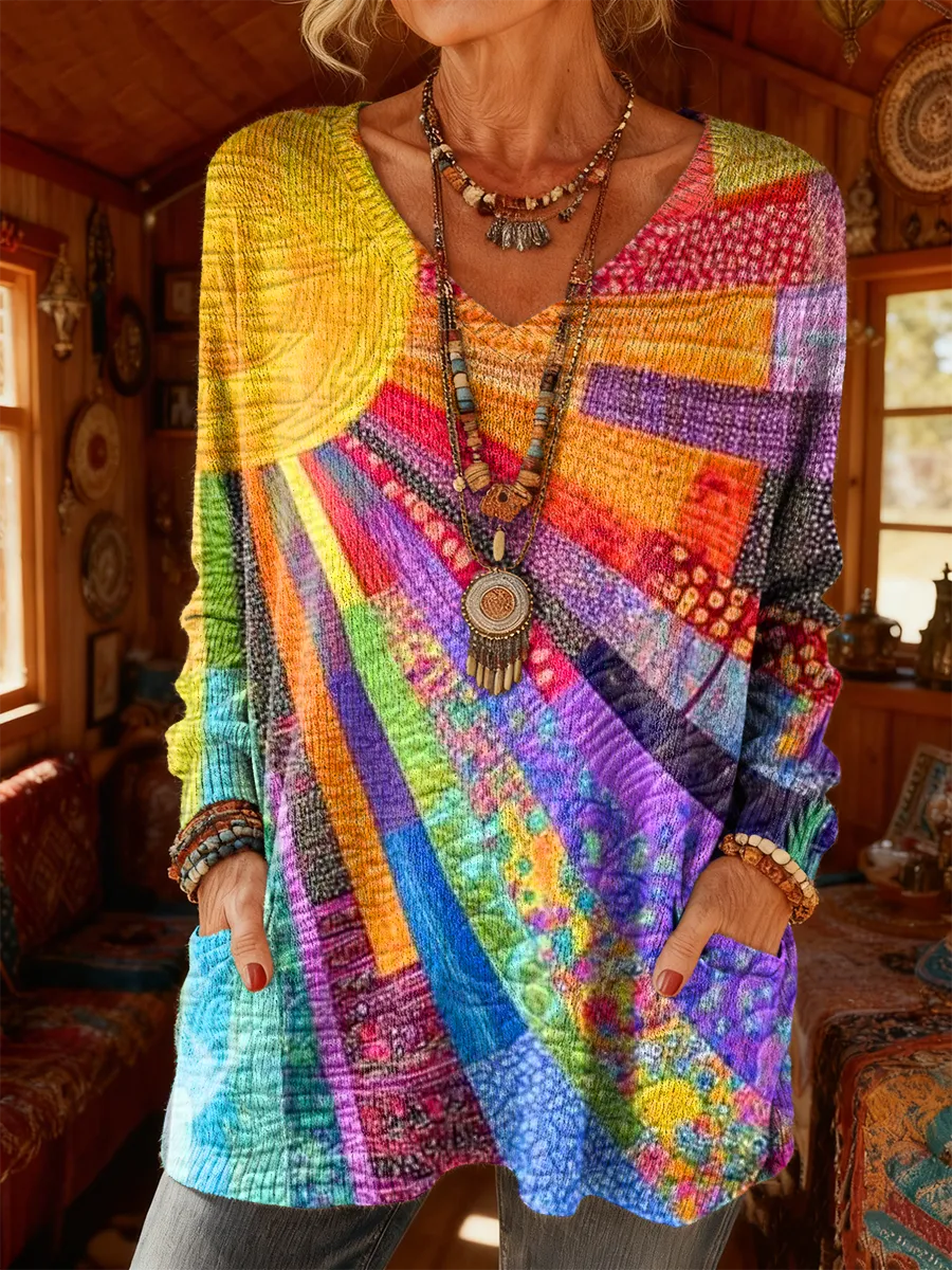 Women's Sun Pattern Art Print Casual Long-Sleeve V-Neck Cotton Knit Sw