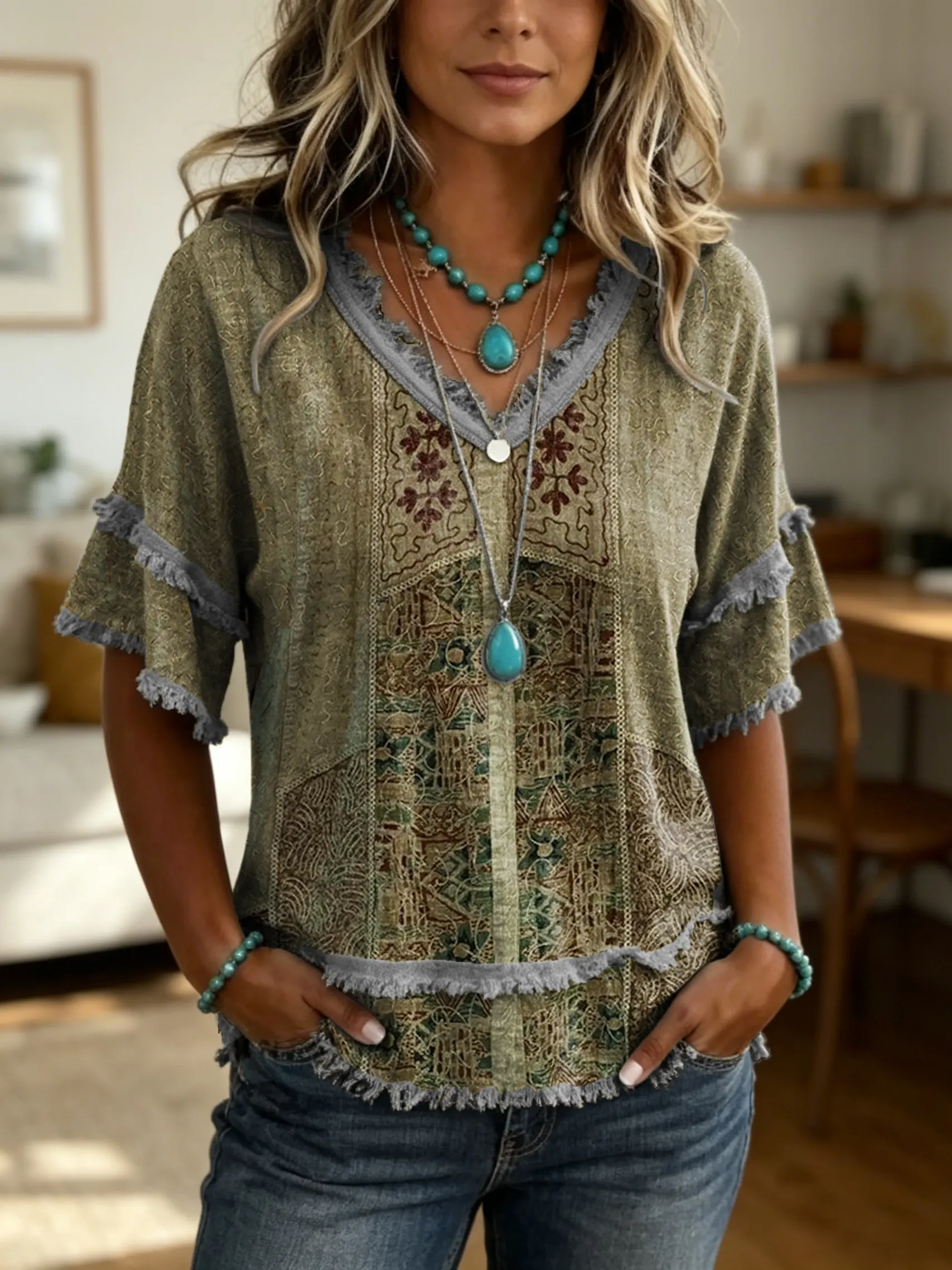 Women's Vintage Ethnic Print V-neck Frayed-edge Short-sleeve Top