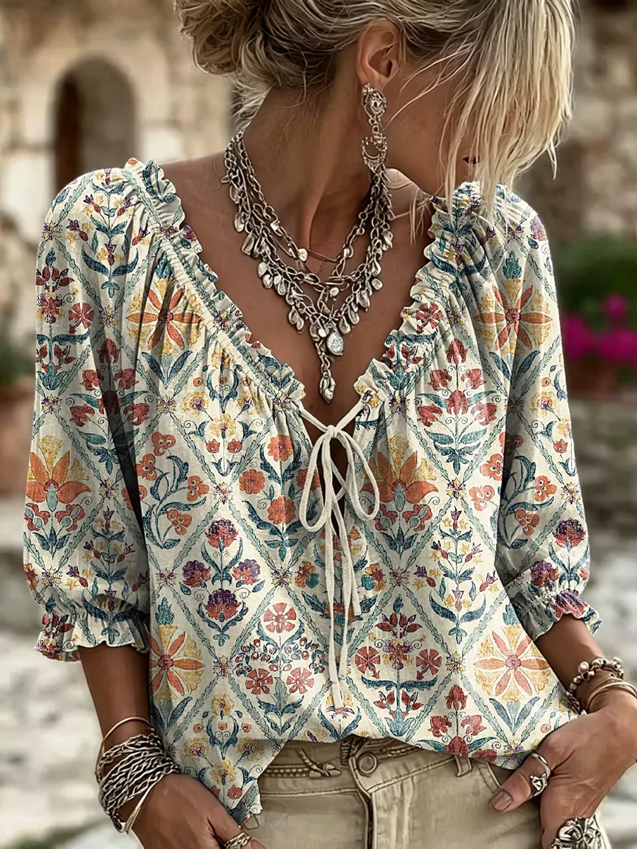 Women's Retro Bohemian Floral Plaid Art Print Casual Three-quarter Sleeve V-neck Ruffle Drawstring Blouse