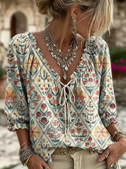 Women's Retro Bohemian Floral Plaid Art Print Casual Three-quarter Sleeve V-neck Ruffle Drawstring Blouse