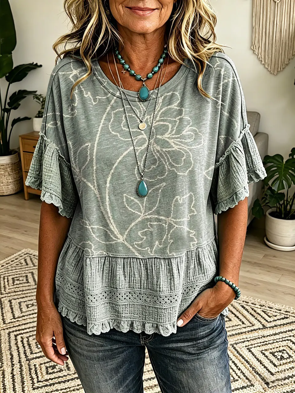 Women's Vintage Floral Art Print Casual Crew Neck Short-Sleeve Shirt
