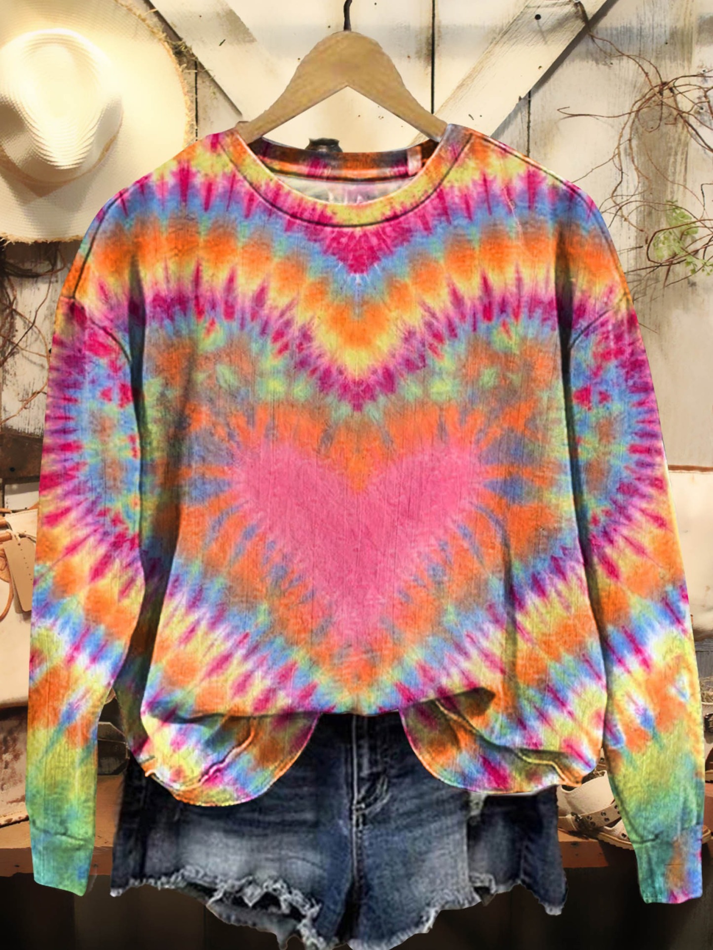 Women's Colorful Love Heart Tie Dye Art Print Casual V-neck Long Sleeve T-shirt