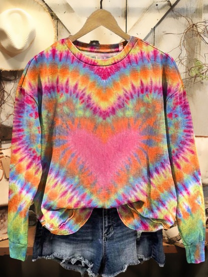 Women's Colorful Love Heart Tie Dye Art Print Casual V-neck Long Sleeve T-shirt