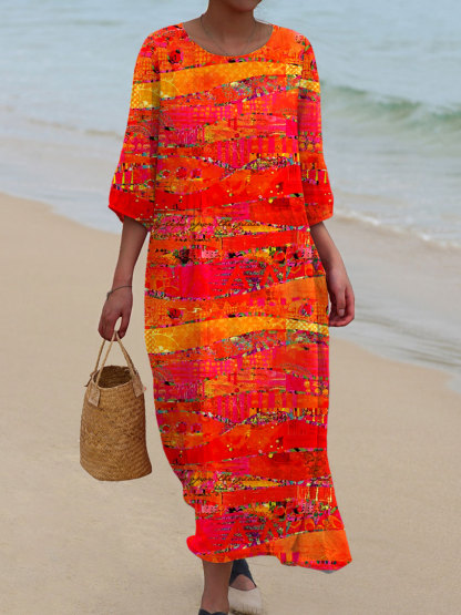 Women's Vintage Art Print Casual Cotton And Linen 3/4 Sleeve Shirt